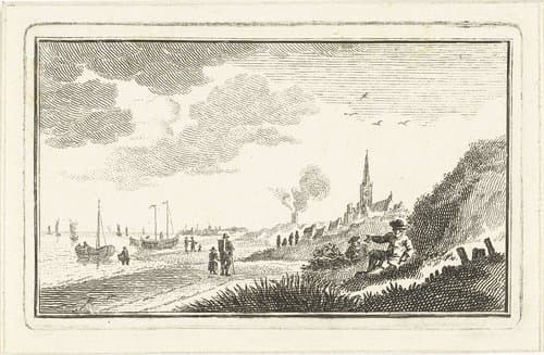 Kustgezicht met dorp in duinen en vissersboten op het strand by Abraham Delfos