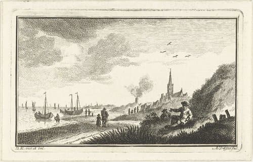 Kustgezicht met dorp in duinen en vissersboten op het strand by Abraham Delfos