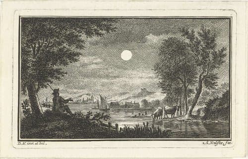 Riviergezicht met herder in maanlicht by Abraham Delfos