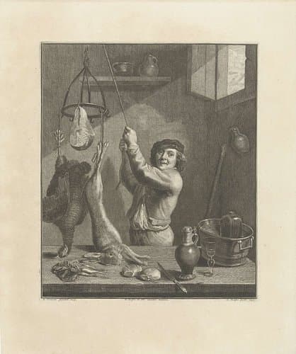 Keukeninterieur met man en jachtbuit by Abraham Delfos