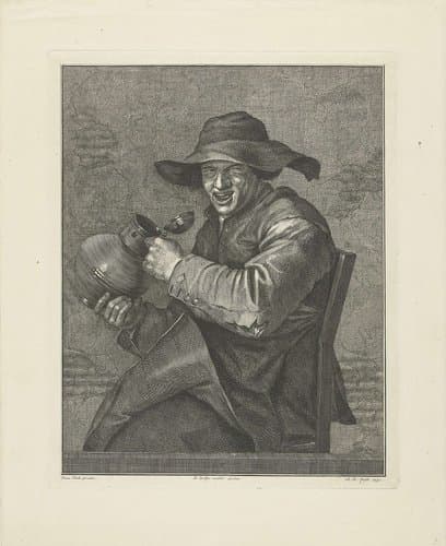 Lachende man op stoel met kan in zijn hand by Abraham Delfos
