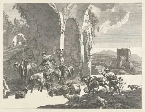 Italianiserend landschap met herders en vee by Abraham Delfos