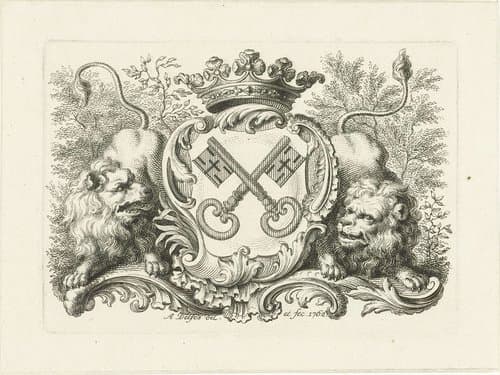 Wapen van stad Leiden in cartouche, met twee leeuwen by Abraham Delfos