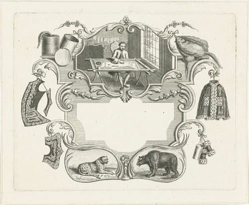 Vignet met kleermaker in cartouche by Abraham Delfos