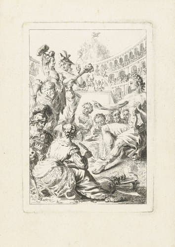 Allegorie met Apollo, muzen en kunstenaars in amfitheater by Abraham Delfos