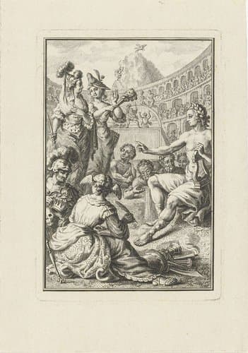 Allegorie met Apollo, muzen en kunstenaars in amfitheater by Abraham Delfos