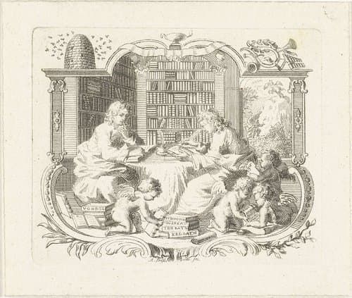 Twee jonge geleerden in een bibliotheek, in cartouche by Abraham Delfos