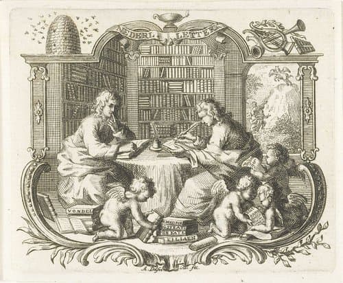 Twee jonge geleerden in een bibliotheek, in cartouche by Abraham Delfos