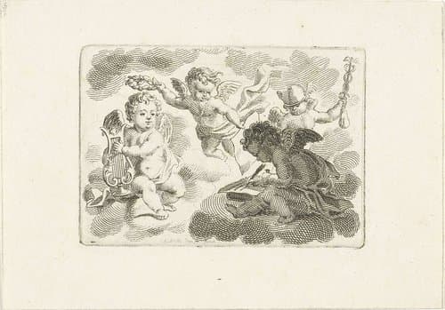 Vier putti als personificaties van kunsten en wetenschappen by Abraham Delfos