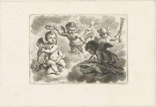 Vier putti als personificaties van kunsten en wetenschappen by Abraham Delfos