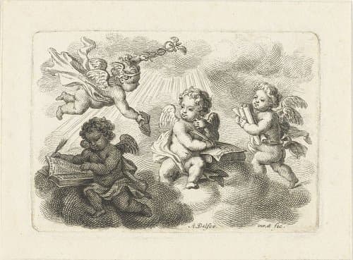 Allegorie op kunsten en wetenschappen met vier putti by Abraham Delfos