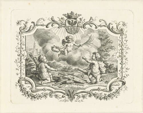 Allegorie op vrede met drie putti in cartouche by Abraham Delfos