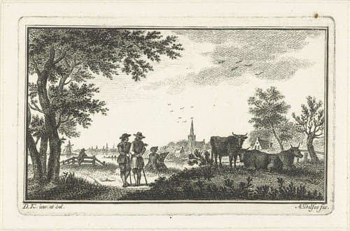 Rivierlandschap met wandelaars en tekenaar bij dorp by Abraham Delfos