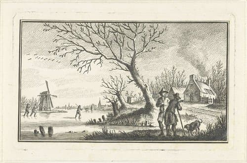 Winterlandschap met schaatsers op het ijs by Abraham Delfos