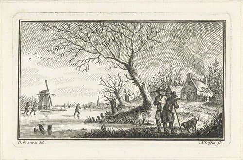 Winterlandschap met schaatsers op het ijs by Abraham Delfos