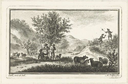 Duinlandschap met rustende herders en mannen die vlinders vangen by Abraham Delfos