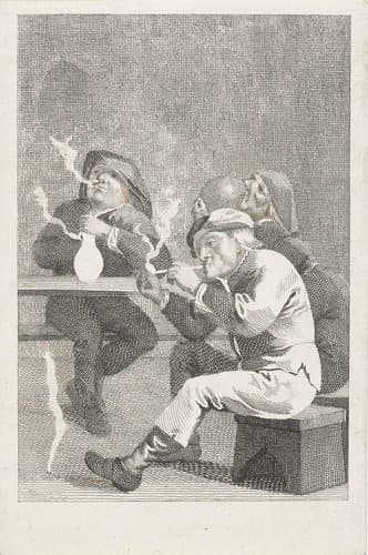Vier rokende en drinkende mannen aan een tafel by Abraham Delfos