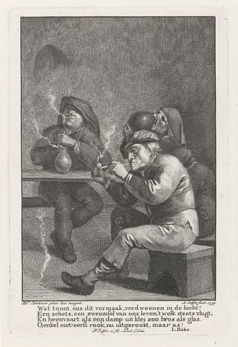 Vier rokende en drinkende mannen aan een tafel by Abraham Delfos
