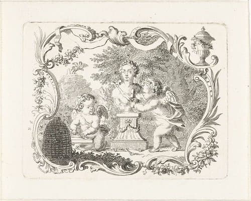Twee putti met buste van Pan en bijenkorf in cartouche by Abraham Delfos