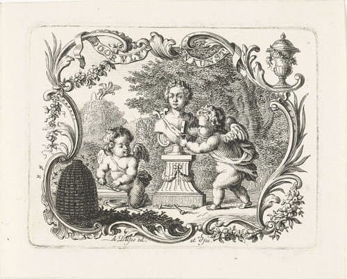 Twee putti met buste van Pan en bijenkorf in cartouche by Abraham Delfos