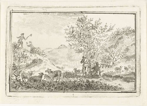 Duinlandschap met rustende herders en mannen die vlinders vangen by anonymous