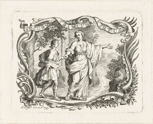 Vignet met deugd die weg leidt voor jongeman, in cartouche by Abraham Delfos