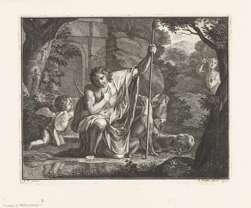Narcissus kijkend naar zijn spiegelbeeld in het water by Abraham Delfos