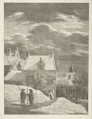 Stadsgezicht in de sneeuw by Abraham Delfos