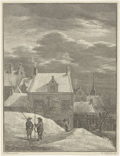 Stadsgezicht in de sneeuw by Abraham Delfos
