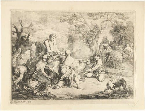 Aaron versmelt de vaten om het gouden kalf te kunnen maken by Louis de Deyster