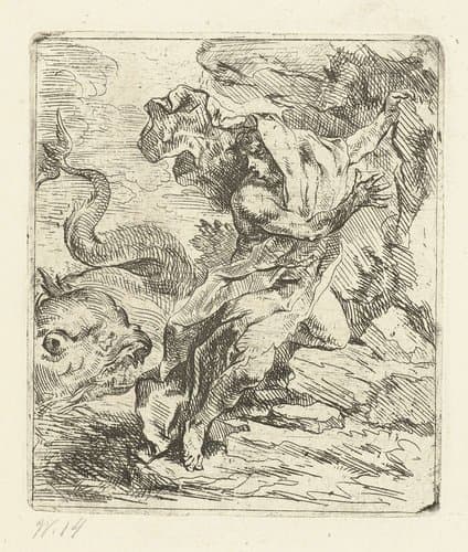 Jongeman aan de kust, vluchtend voor een zeemonster by Louis de Deyster