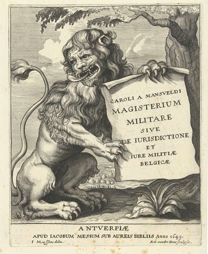 Zittende leeuw met blad papier met titel in zijn klauwen by Antony van der Does