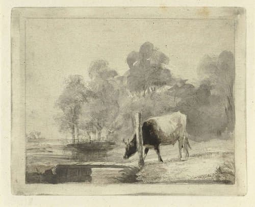 Landschap met een koe naast een sloot by Antonie Franciscus Dona
