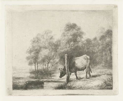 Landschap met een koe naast een sloot by Antonie Franciscus Dona