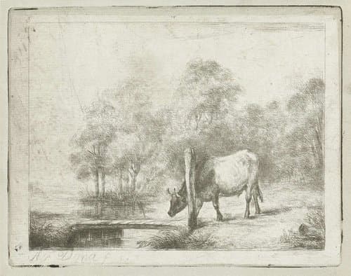 Landschap met een koe naast een sloot by Antonie Franciscus Dona