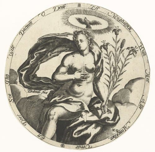 Personificatie van de vrede met lelietak en duif by Bartholomeus Willemsz. Dolendo