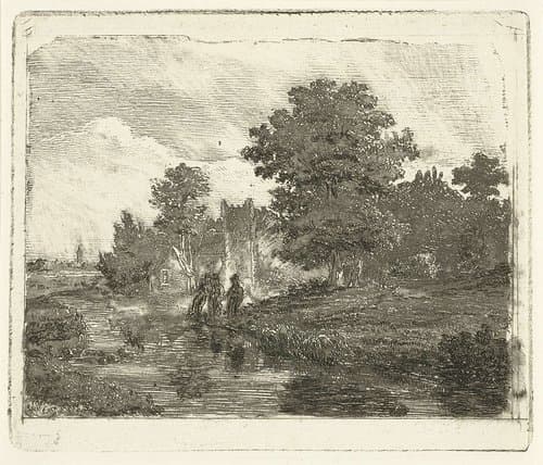 Landschap met een rivier en drie vissende mannen aan de waterkant