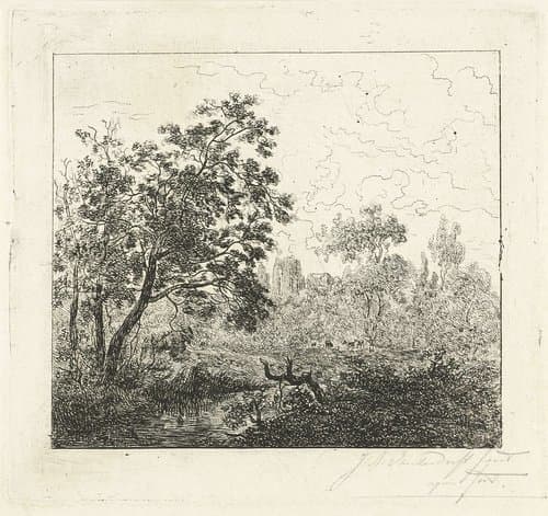 Landschap met een rivier en een boomstronk