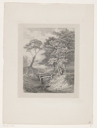 Meisje met hond bij houten brug by Pierre Louis Dubourcq