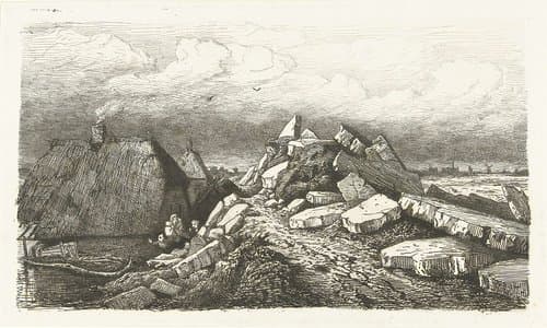 Gezicht op de Dreumelse dijk met kruiend ijs by Pierre Louis Dubourcq