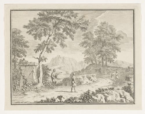 Arcadisch landschap met man die de weg wijst by Louis Fabritius Dubourg