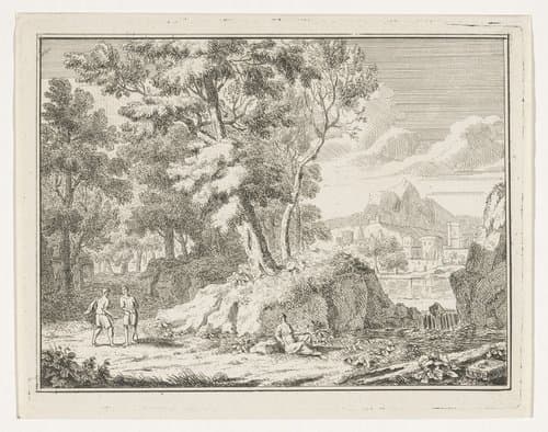 Arcadisch landschap met twee reizigers bij een waterval by Louis Fabritius Dubourg