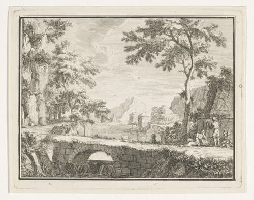 Arcadisch landschap met vissers bij een stenen brug by Louis Fabritius Dubourg