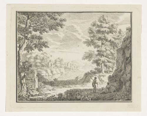 Arcadisch landschap met twee in de schaduw rustende reizigers by Louis Fabritius Dubourg