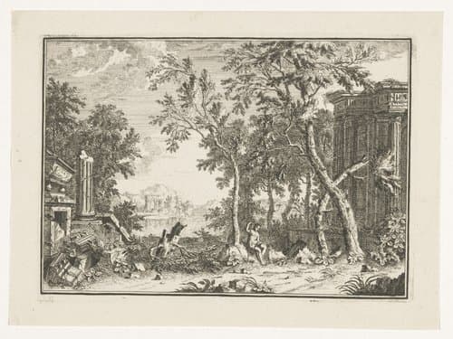 Arcadisch landschap met herder tussen ruïnen by Louis Fabritius Dubourg