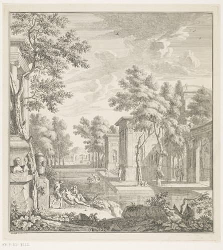 Arcadisch landschap met mannen en vrouwen bij een tempel by Louis Fabritius Dubourg