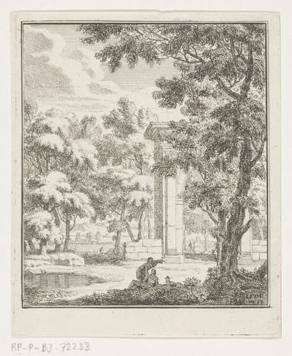 Arcadisch landschap met herders bij een stenen boog by Louis Fabritius Dubourg