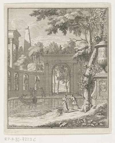 Arcadisch landschap met herders bij een beeldencolonnade by Louis Fabritius Dubourg