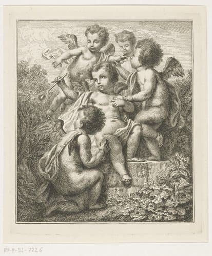 Vijf putti aan het bellenblazen by Louis Fabritius Dubourg
