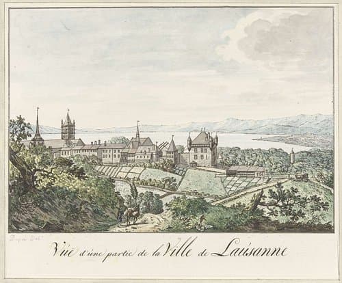 Gezicht op de kathedraal van Lausanne en het meer van Geneve